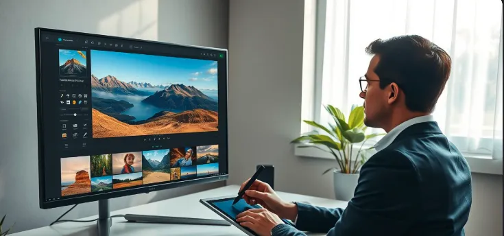 KI-Berater arbeitet mit Tablet und Bildschirm an einer Software-Oberfläche