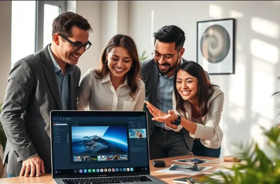 Team bespricht gemeinsam ein Ergebnis am Laptop